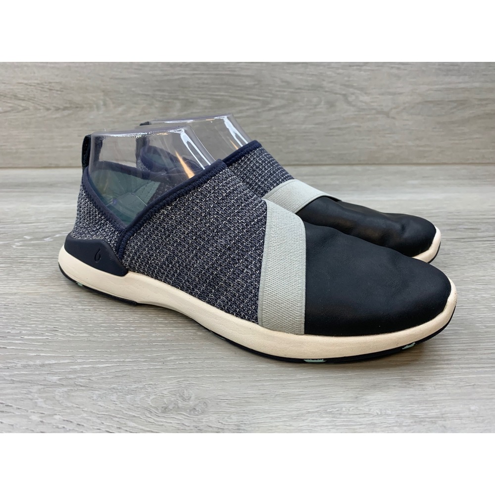 OluKai Miki Slip Navy Black Leather Knit Sneakers Women's 8.5 Shoes